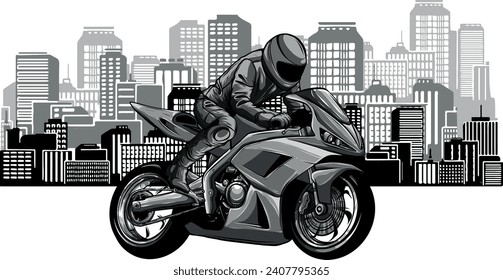 monochromatic illustration of motorcycle on city background.