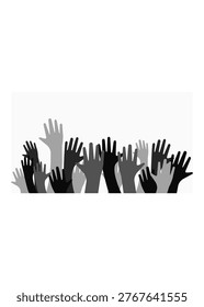 A monochromatic illustration of multiple hands reaching upward representing teamwork, collective action, and diverse participation.