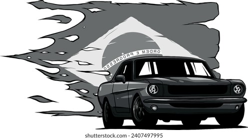 monochromatic illustration of muscle car with brazil flag