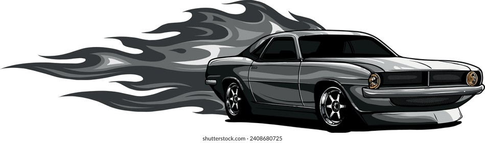 monochromatic illustration of muscle car with flames