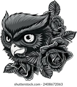 monochromatic illustration of owl head with rose flowers