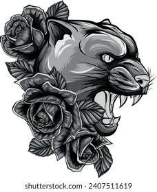 monochromatic illustration of Panther with roses flower