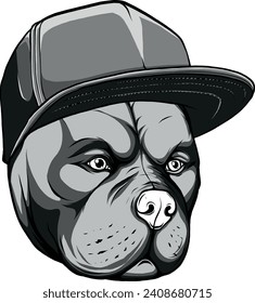 ilustración monocromática de Pitbull dog in cap.