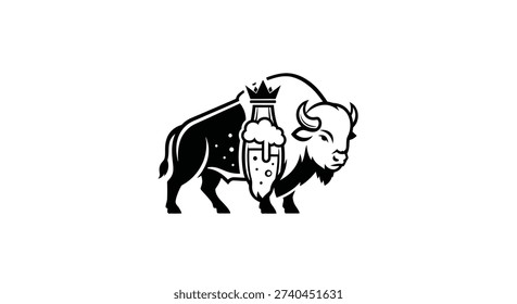 Monochromatic illustration of a powerful bison with a beer bottle and crown integrated into its body, symbolizing strength and premium quality craft beverages. Ideal for branding.