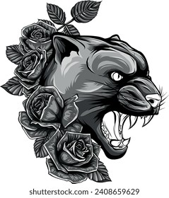 monochromatic illustration of puma head with roses