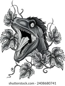 monochromatic illustration of raptor head with leaves