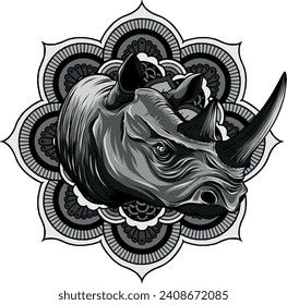 monochromatic illustration of rhinoceros head with decorative elements.