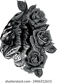 monochromatic illustration of roaring tiger head and roses