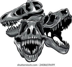 monochromatic illustration of set of skulls of dinosaur