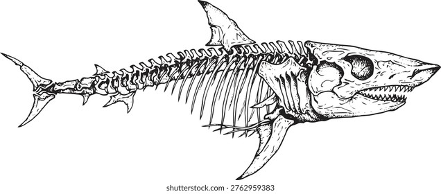 Monochromatic illustration of a shark skeleton.