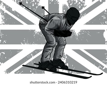 monochromatic illustration of Skier with british flag