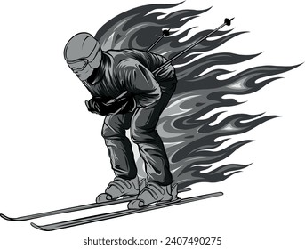 monochromatic illustration of skier with flames design