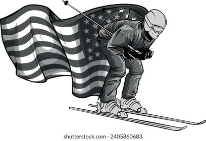 monochromatic illustration of skiing man with american flag