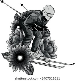 monochromatic illustration of skiing man with flower