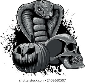 monochromatic Illustration of skull with cobra and pumpkin