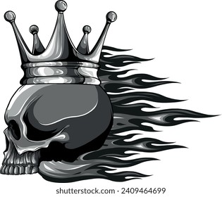 monochromatic illustration of skull with crown and flames