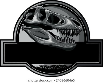 monochromatic illustration of skull dinosaur t-rex in logo