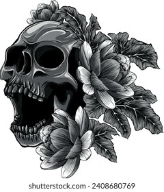 monochromatic illustration of Skull and lotuses flower