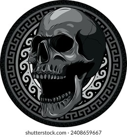 monochromatic illustration of Skull with mandala on background