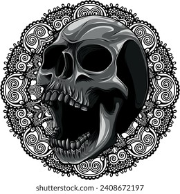 monochromatic illustration of Skull with mandala on background