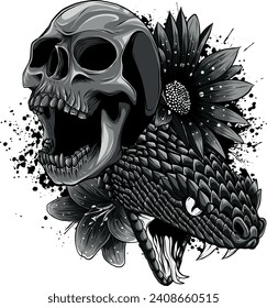 monochromatic illustration of skull with snake and flower