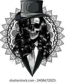 monochromatic illustration of skull wearing suit and hat