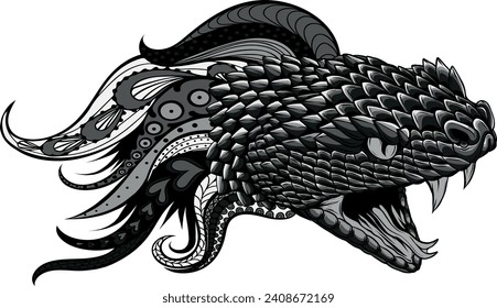monochromatic illustration of Snake head with mandala ornaments