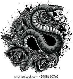 monochromatic illustration of snake with roses and leaves