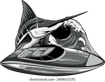 monochromatic illustration of speedboat with marlin fish