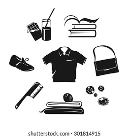 Monochromatic illustration of sport and dancing wear, nutrition and accessories