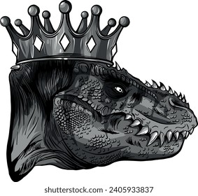 monochromatic illustration of T Rex Head with crown