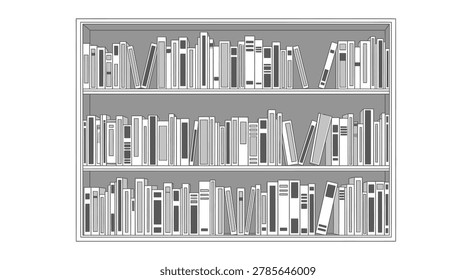 Monochromatic illustration of a three-tiered bookshelf filled with numerous books, neatly arranged.