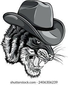 monochromatic illustration of Tiger Cowboy Mascot Logo Design