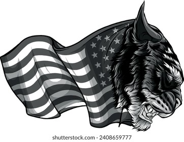 monochromatic illustration of tiger head and American flag.