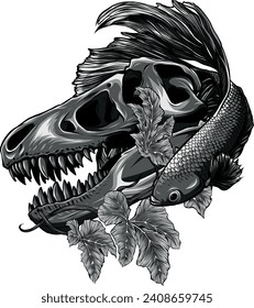 monochromatic illustration of T-rex Skull with betta fish