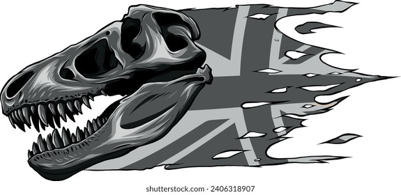 monochromatic illustration of T-rex Skull with british flag
