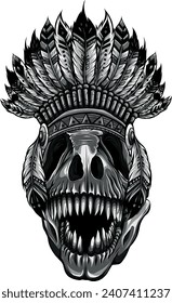 monochromatic illustration of T-Rex Skull with feather hat