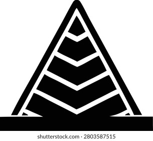 Monochromatic illustration of a triangular pyramid, notable for its internal chevron patterns. structure features a flat, rectangular base.