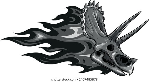 monochromatic illustration of triceratops skull with flames