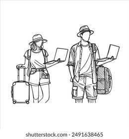 A monochromatic illustration of two travelers, man and woman,holding laptops and carrying travel gear including a suitcase and a backpack. They are dressed casually. The digital nomad lifestyle