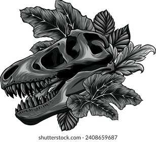 monochromatic illustration of Tyrannosaurus rex and leaves