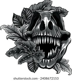 monochromatic illustration of Tyrannosaurus rex skull and leaves