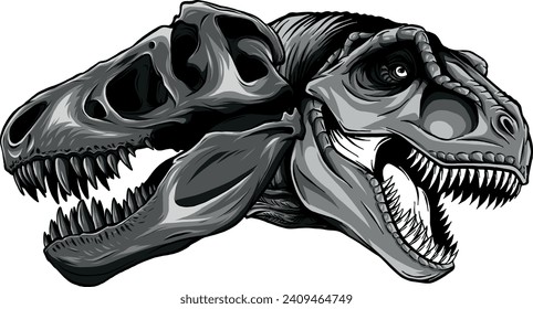 monochromatic illustration of Tyrannosaurus rex with skull