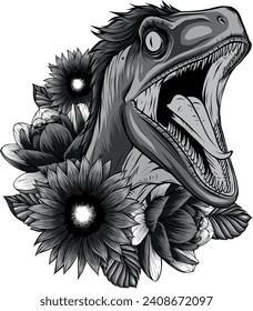 monochromatic illustration of Velociraptor Dinosaur with flower