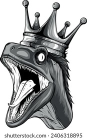 monochromatic illustration of Velociraptor head with crown