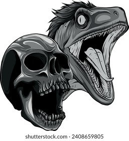 monochromatische Illustration des Velociraptor-Kopfes mit menschlichem Schädel