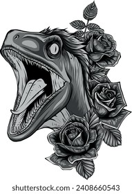 monochromatische Illustration des Velociraptorkopfes mit Rosenblume