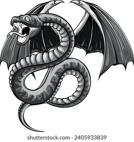 monochromatic illustration of Winged Snake on white background