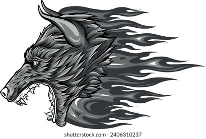 monochromatic illustration of wolf with flames design