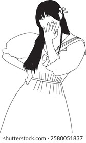 A monochromatic illustration of a woman in a dress, covering her face in a reflective pose. Features a minimalist art style emphasizing simplicity and emotive expression through line art.